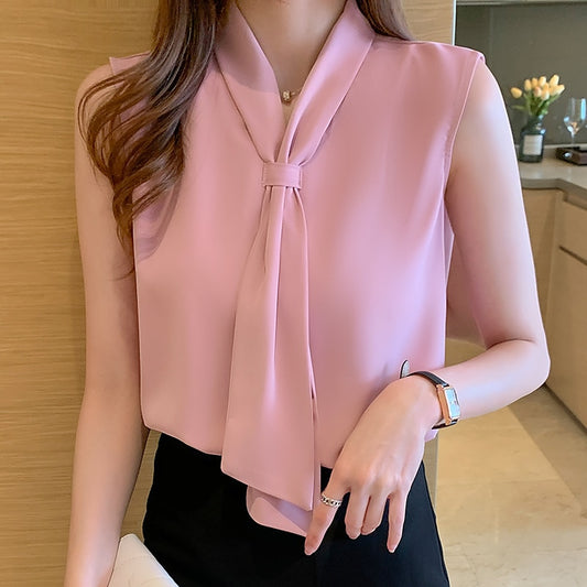 Women&#39;s Shirt Pink Ribbon Blouses for Women Sleeveless Summer Shirts Female Top V-neck Blouse Tops Female 2022 Woman Basic Shirt