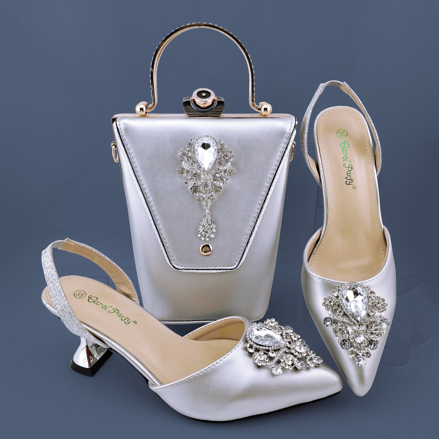 QSGFC 2022 Newest Noble and Elegant Classic vintage rhinestone accessories Ladies Shoes and Bag Set in Gold Color