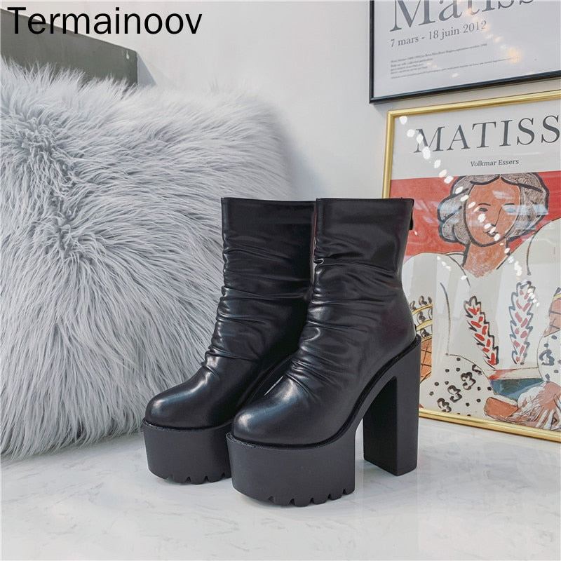 Termainoov Women Boots High Heels Chunky Heeled Waterproof Platform Thick Heel Round Toe Zipper Short Boots Winter Boot