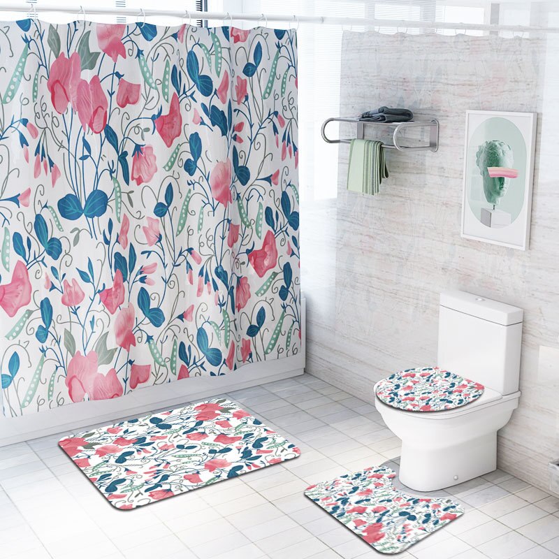 Floral Bath Mat and Shower Curtain Set Shower Curtain with Hooks Bath Rugs Anti Skid Bathroom Carpet Toilet Foot Pad Bath Mat