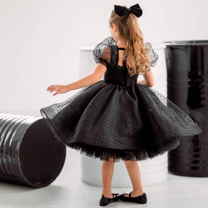 2021 New Summer Kids Girls Party Dresses Black Square Collar Puff Mesh Sleeves Dot Print Princess Dress Children Clothes E0506