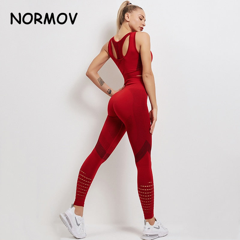 NORMOV  High Elasticity Sports Set Women Gym High Waist Fitness Workout Leggings Seamless Sports Suit Sportswear Activewear Suit