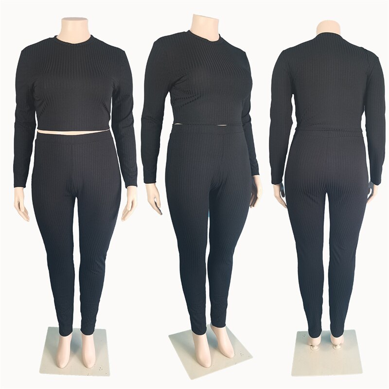 Plus Size Women Clothing 2021 Fashion Sexy Outfits Long Sleeve Top and Pants Bodycon Ribbed Two Piece Set Dropshipping Wholesale