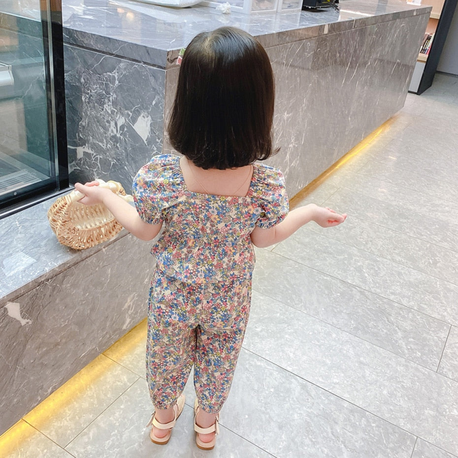 2pcs/set 2022 Children Clothes Floral Tshirt + Pants For Girls Casual Style Big Girls Clothes Summer Kids Tracksuit