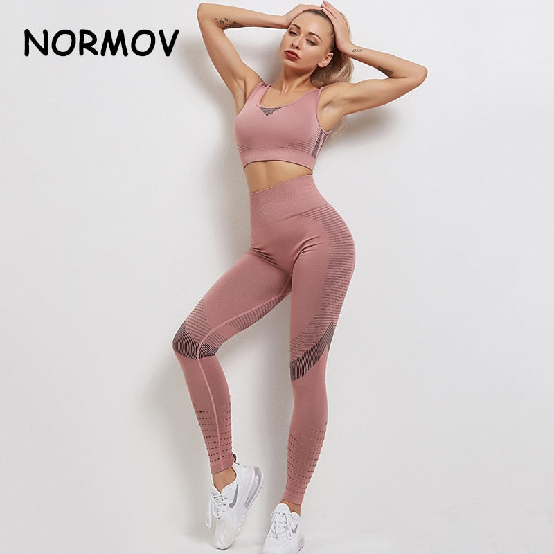 NORMOV  High Elasticity Sports Set Women Gym High Waist Fitness Workout Leggings Seamless Sports Suit Sportswear Activewear Suit