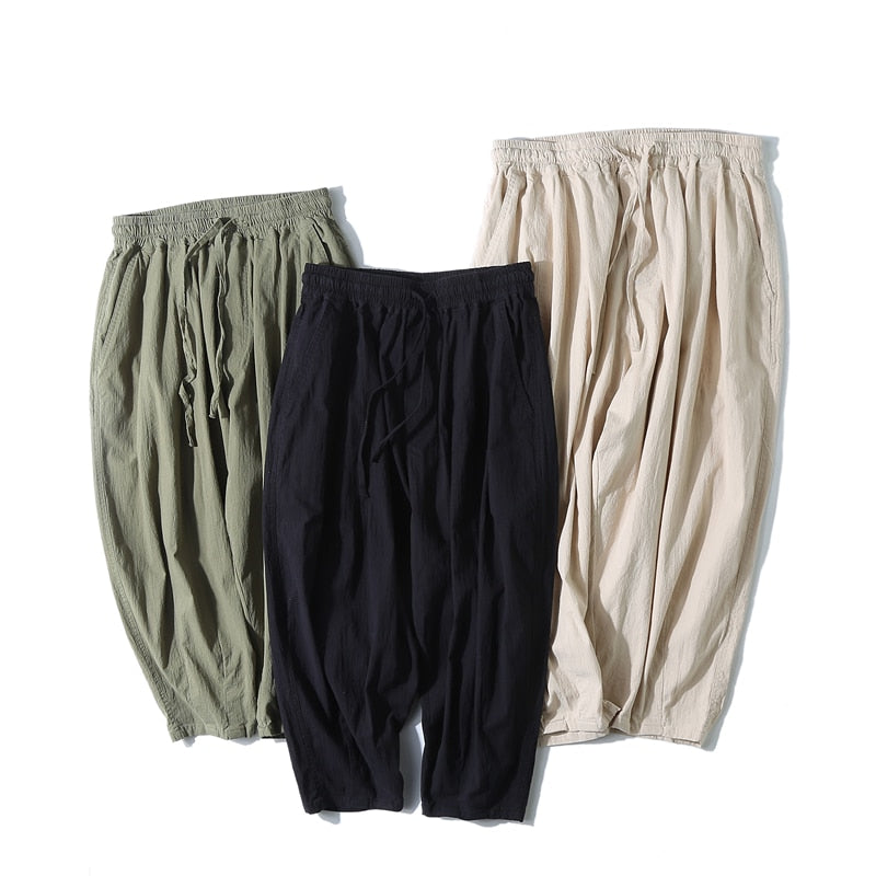 Summer Japanese Streetwear Linen Harem Pants Men Fashion Casual Cropped Pants Harajuku Thin Loose Radish Pants Sport Clothing