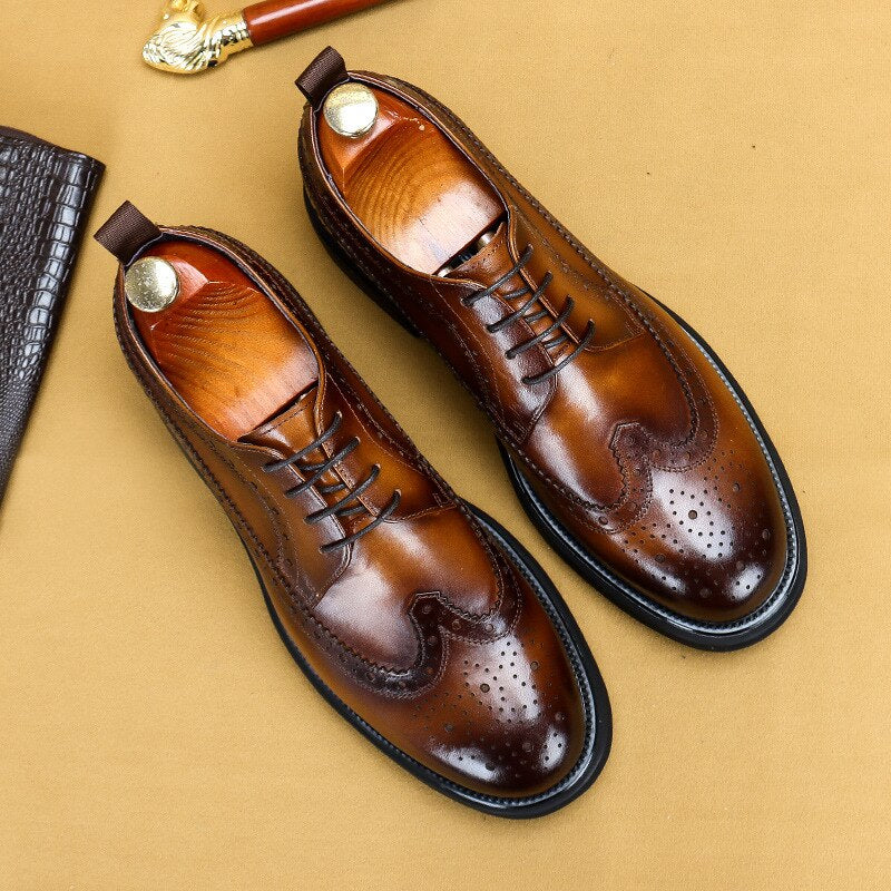 Men Casual Leather Shoes Fashion Classic Brogues Luxury Genuine Leather Handmade Thick Heels Black Male Wedding Formal Shoes