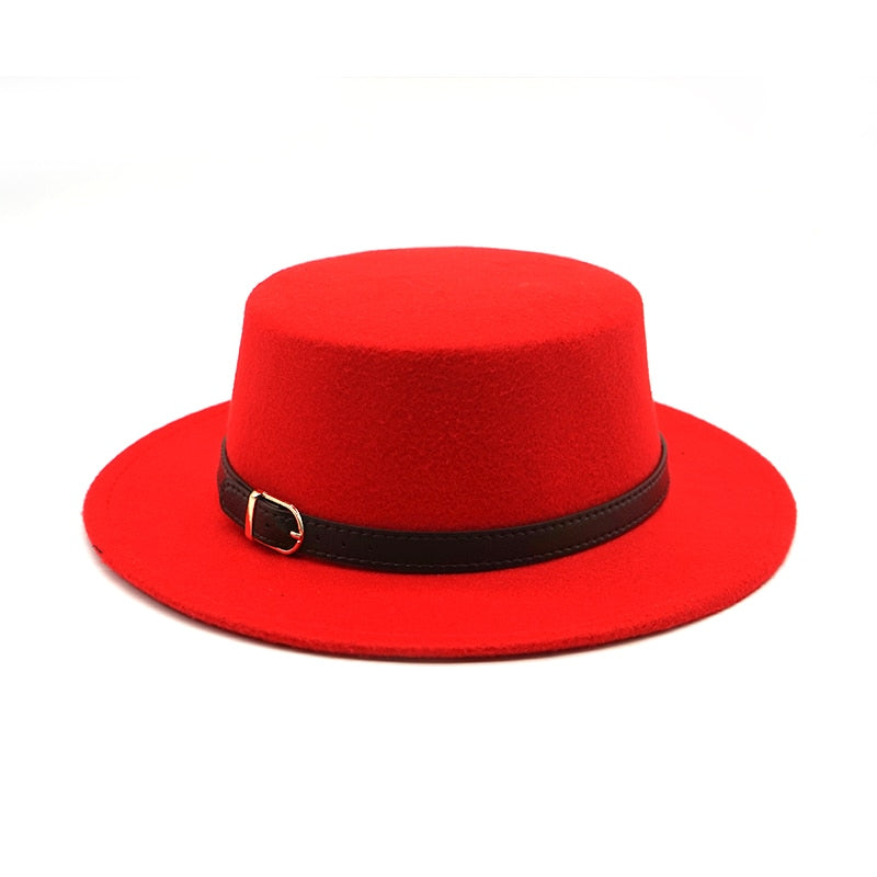 New Retro Winter Autumn women men Top hat Imitation Woolen Felt Fedora Hats Belt buckle Decorated ladies Boater Hat flat brim