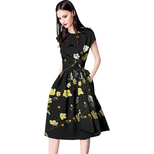 LLZACOOSH Chic Korean Women Floral Printted Vintage Dress 2021Summer V-Neck Short Sleeve Slim Chiffon A-Line Dress Female