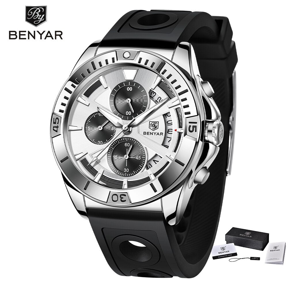 BENYAR Top Brand New Men Watch Stainless Steel Jubilee Watch Band Waterproof 30M Chronograph Luxury Men Quartz Wristwatch reloj