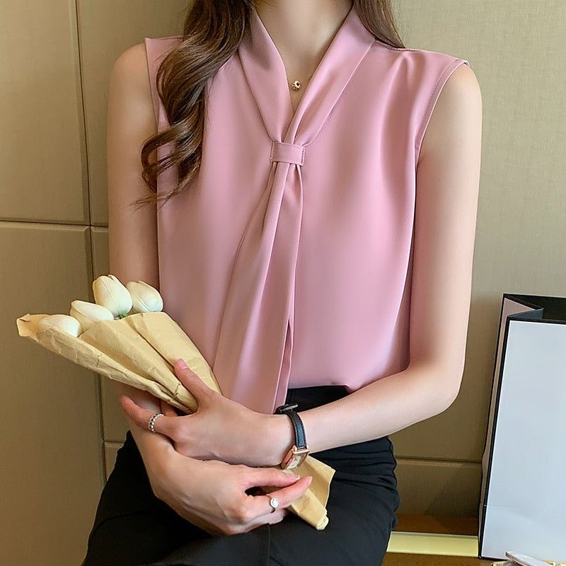 Women&#39;s Shirt Pink Ribbon Blouses for Women Sleeveless Summer Shirts Female Top V-neck Blouse Tops Female 2022 Woman Basic Shirt