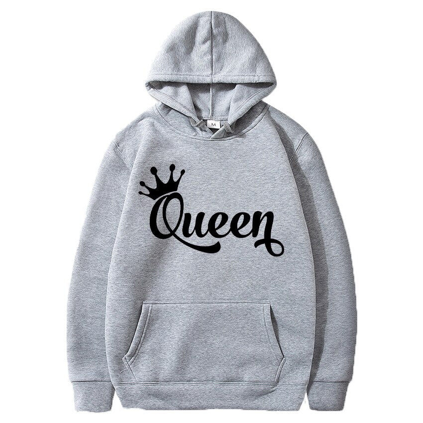 King or Queen Letters Printed Crown Design Couple Hooded Sweatshirt Men Autumn Winter Streetwear Lover Casual Pullover Hoodies