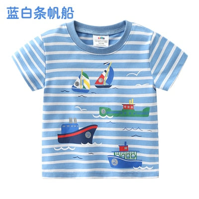 2023 Summer 2-10T Children&#39;S Birthday Clothing Dinosaur Car Striped Print Short Sleeve Basic Tops Cartoon T-Shirt For Kids Boy