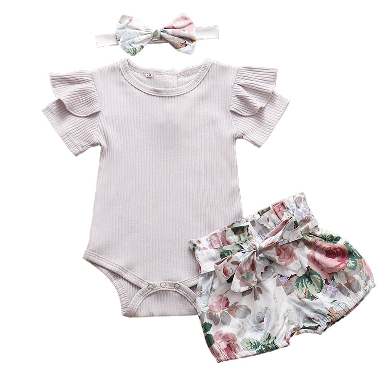 Newborn Baby Girl Clothes Set Summer Solid Color Short Sleeve Romper Flower Shorts Headband 3Pcs Outfit New Born Infant Clothing