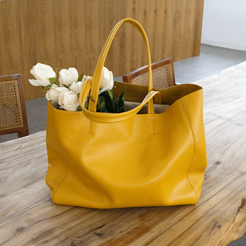 Women Luxury Bag | Casual Tote Female| Lemon Yellow Fashion Shoulder Handbag Lady Cowhide Genuine Leather| Shoulder Shopping Bag www.chishtismart.com