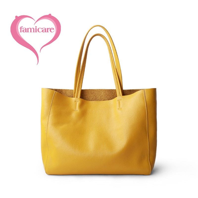 Women Luxury Bag Casual Tote Female Lemon Yellow Fashion Shoulder Handbag Lady Cowhide Genuine Leather Shoulder Shopping Bag