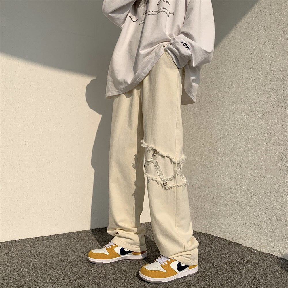 2022 New Fashion Casual Ripped Pants Spring Men&#39;s Straight Wide-leg Pants Chain Decor Washed Cotton Long Trousers Apricot/Black