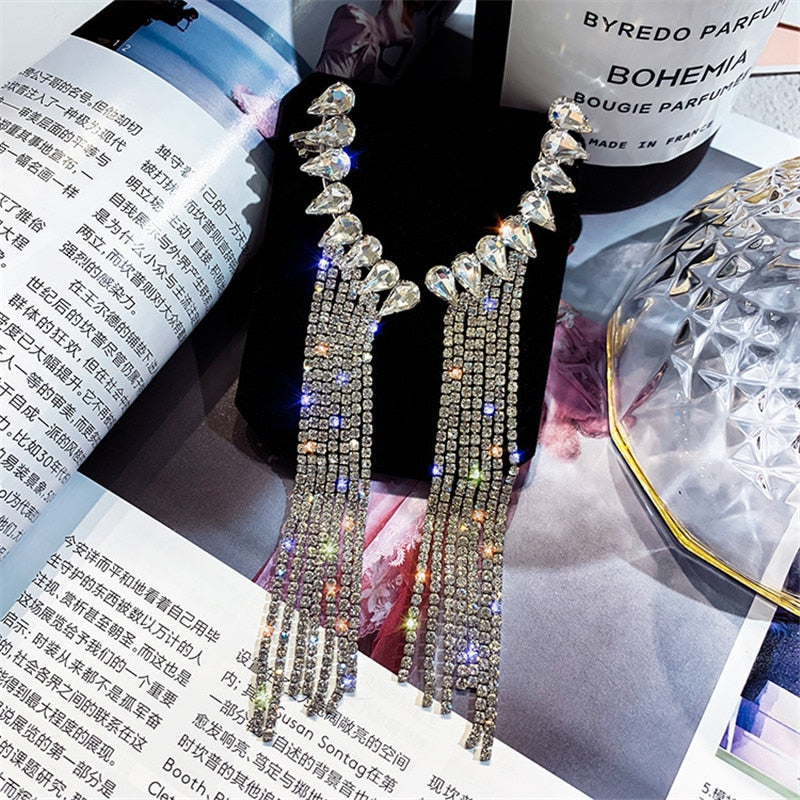 FYUAN Fashion Long Tassel Full Rhinestone Drop Earrings for Women Bijoux Shiny Water Drop Crystal Dangle Earrings Jewelry Gifts