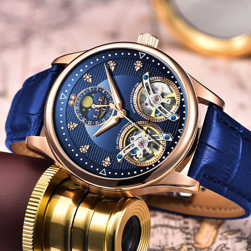 Reloj LIGE Double Tourbillon Switzerland men Watches Automatic Watch men Self-Wind Fashion Mechanical Wristwatch Leather Clock