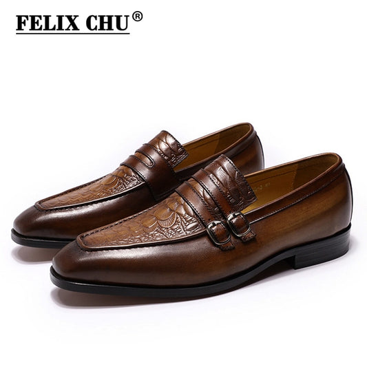 FELIX CHU Casual Business Men&#39;s Dress Shoes Genuine Leather Crocodile Print Brown Party Wedding Mens Loafers With Double Buckles