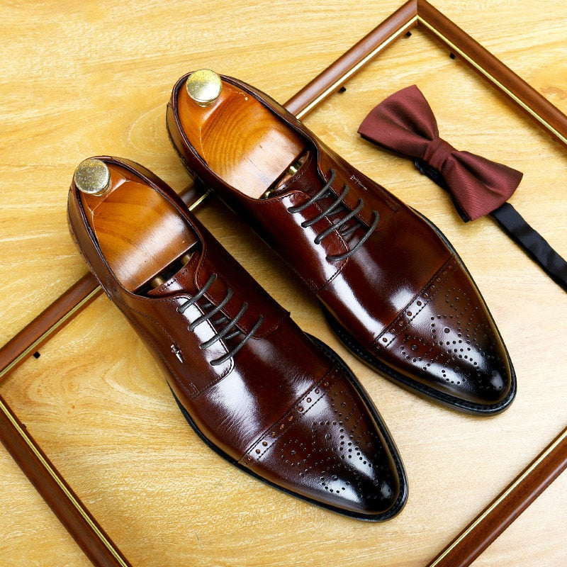 Italian Flat Men Dress Shoes Genuine Leather Office Business Wedding Handmade Mixed Color Brogue Formal Pointed Toe Oxfords Male