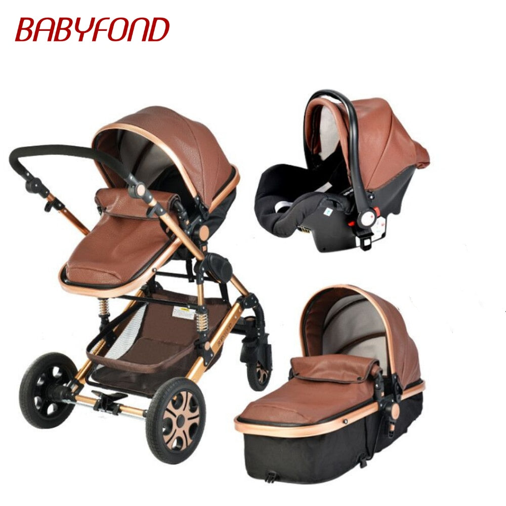Babyfond Baby Stroller 3 in 1 High Landscape Baby Cart PU Leather Stroller With Car Seat 2 in 1 Luxury Baby Stroller CE Safety