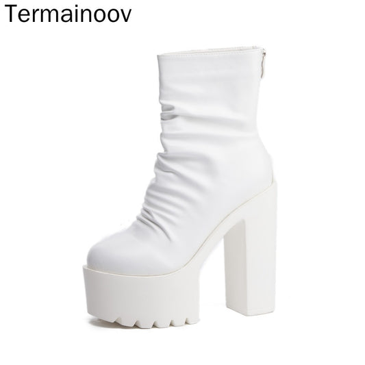 Termainoov Women Boots High Heels Chunky Heeled Waterproof Platform Thick Heel Round Toe Zipper Short Boots Winter Boot