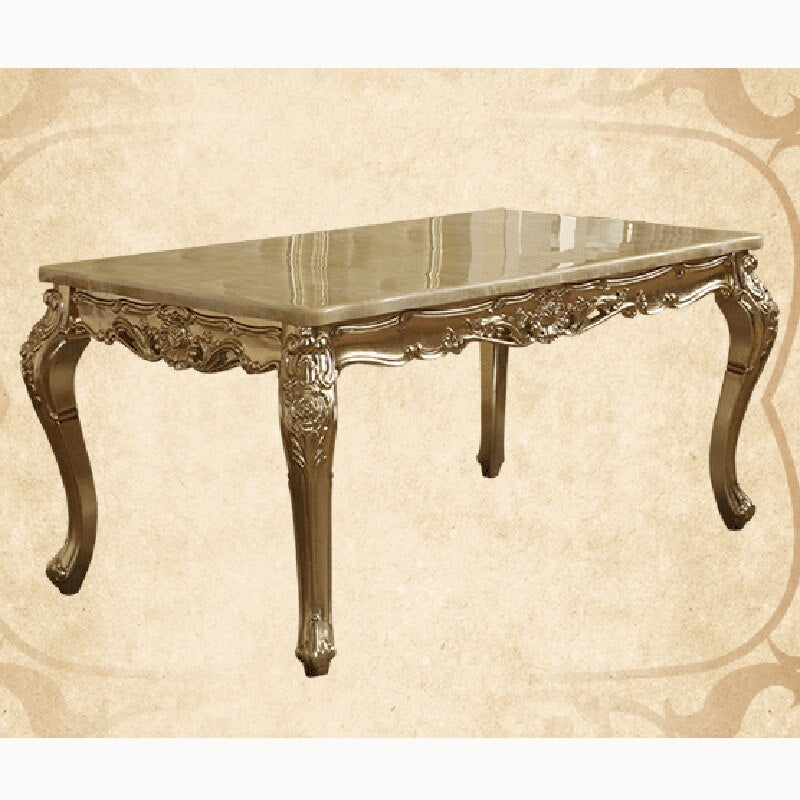 European-style Marble Dining Table and Chair Combination Champagne Rectangular Dining Table Solid Wood Carved Dining Chairs