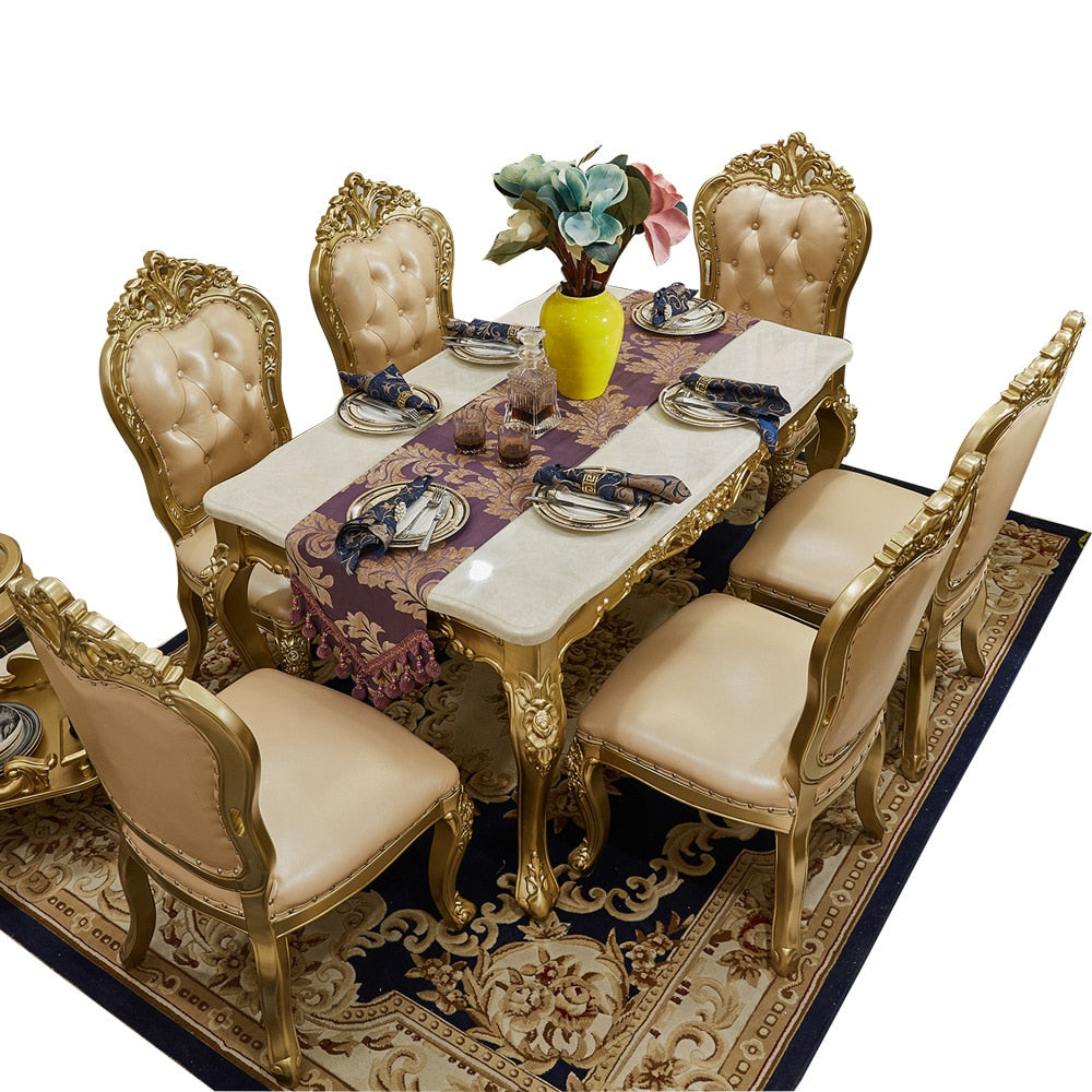 Champagne Marble Dining Table and Chairs European-style Long Luxury Dining Table Villa Solid Wood Carved Table