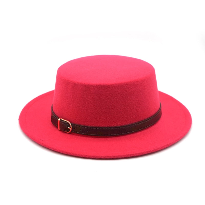 New Retro Winter Autumn women men Top hat Imitation Woolen Felt Fedora Hats Belt buckle Decorated ladies Boater Hat flat brim