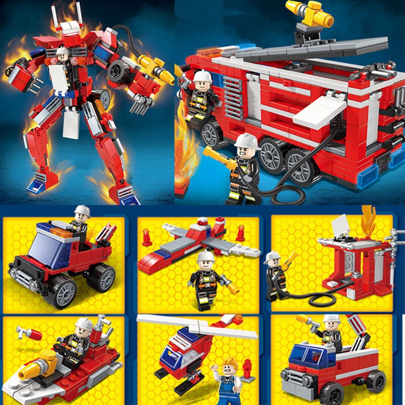 Fire rescue team series 6 in1 Car robot assembling Building Blocks Bricks For Kid Gifts Model Toys Assembled