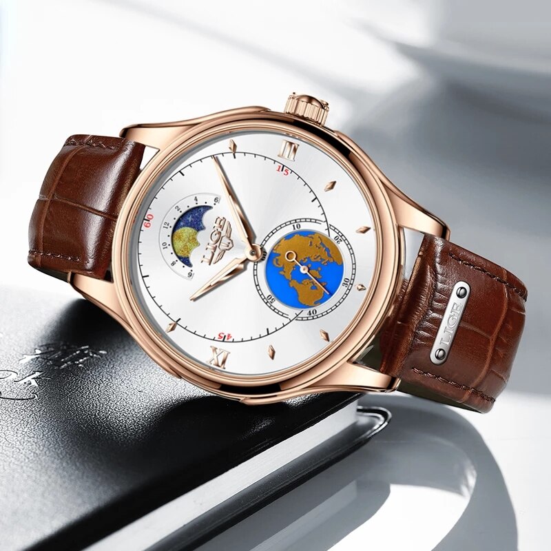 LIGE Top Brand Luxury Women&#39;s Watches Ultra-Thin Casual Quartz Watch Waterproof Moon Leather Watches For Women Relogio Feminino