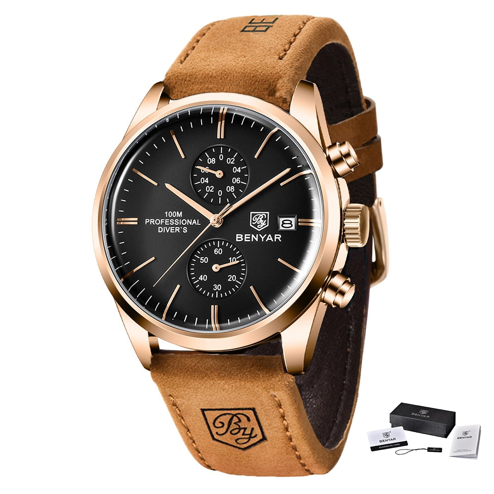 2022 New BENYAR Leather Men Quartz Wristwatches Luxury Brand 100M Waterproof Men Watch Military Sports Chronograph Watch for Men