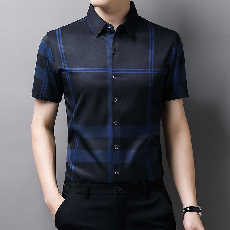 2022 New Plaid Shirt Men High Quality Silk Summer Short sleeve Casual Shirts Men Slim Fit Camisa Masculina Drop Shipping C748