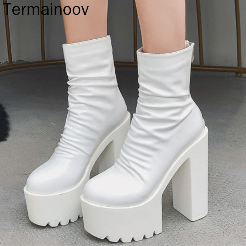 Termainoov Women Boots High Heels Chunky Heeled Waterproof Platform Thick Heel Round Toe Zipper Short Boots Winter Boot