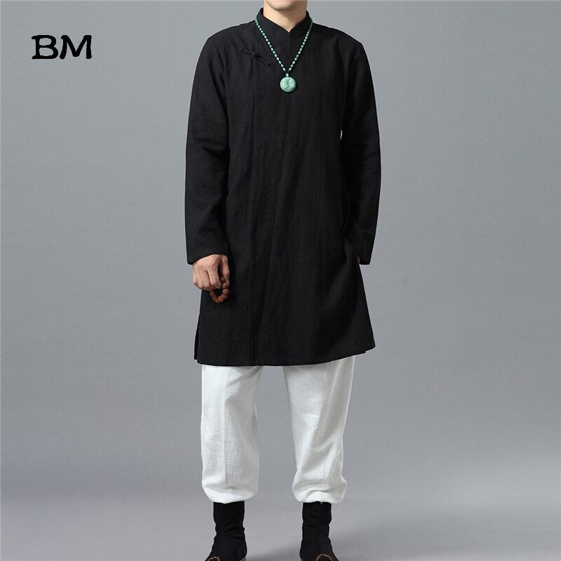 Men Chinese Vintage Fashion Casual Long Shirts Stand Collar Long Sleeve Shirts Outerwear Kongfu Clothes Male