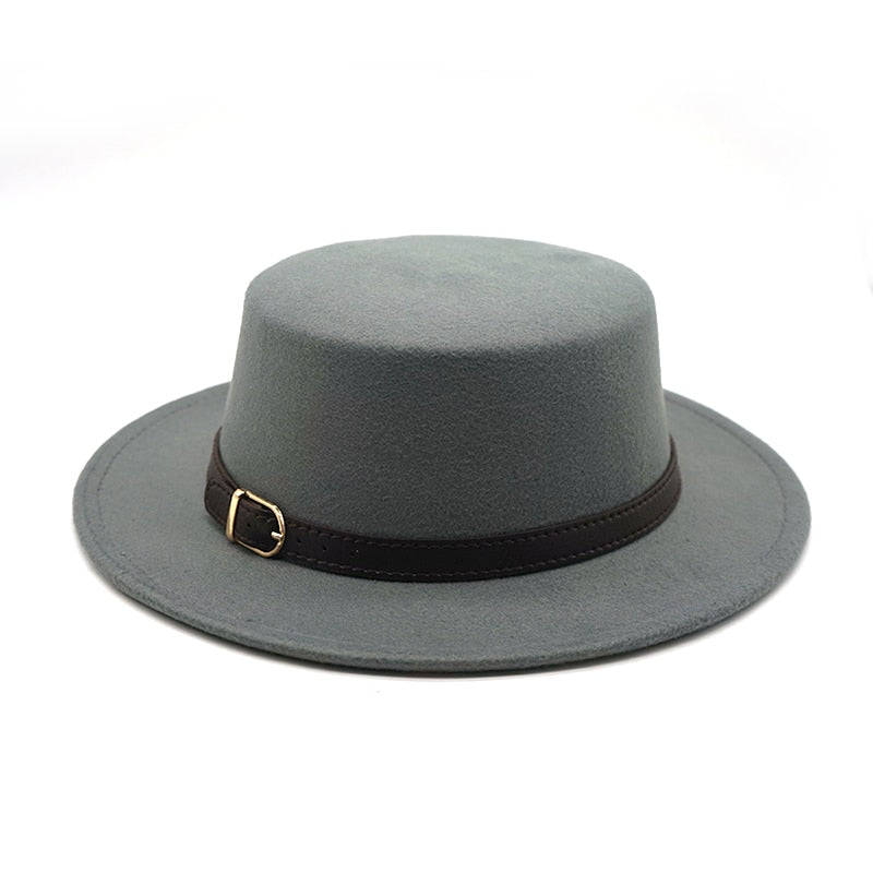 New Retro Winter Autumn women men Top hat Imitation Woolen Felt Fedora Hats Belt buckle Decorated ladies Boater Hat flat brim