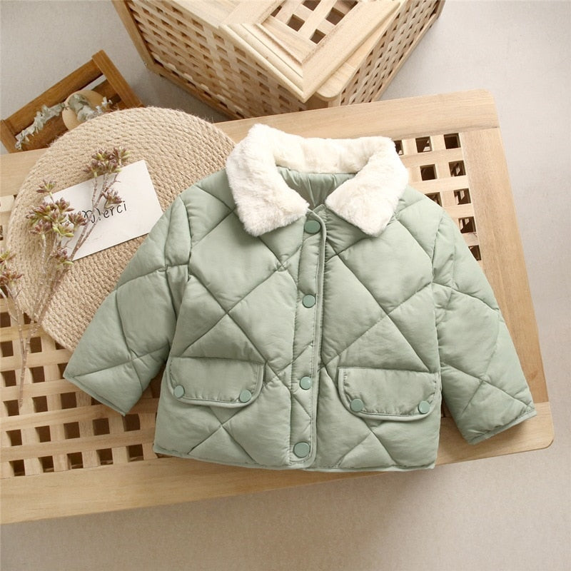 2022 New Winter Children&#39;s Warm Cotton Jackets Rabbit Fur Collar Coats Baby Short Quilted Jacket Kids Clothes Girl Boy Outerwear