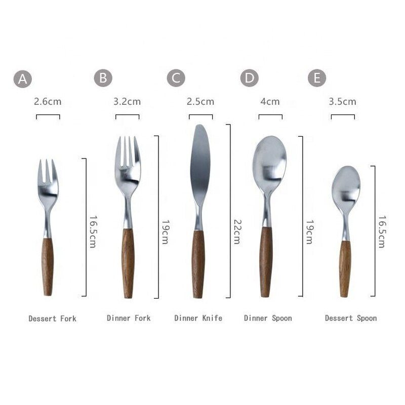 304 Stainless Steel Natural Teak Wooden Handle Dinnerware Set Steak Knife Fork Spoon Dessert Spoon Fork Cutlery Set Tableware