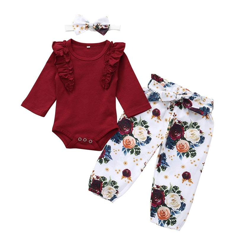 Autumn Baby Girl Clothes Sets Fashion Toddler Outfits Long Sleeve Tops Flower Pants Headband Cute 3Pcs Newborn Infant Clothing