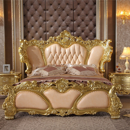 European-style Luxury Villa 2m Big Bed Solid Wood Carved First Layer Cowhide Luxury Hotel Bed Queen Size Bed Frame and Mattress