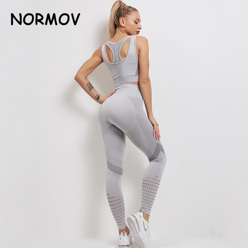 NORMOV  High Elasticity Sports Set Women Gym High Waist Fitness Workout Leggings Seamless Sports Suit Sportswear Activewear Suit