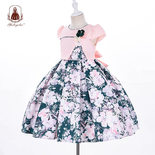 Yoliyolei 2 in 1 Short Sleeve Printing Dress for 6 years old Girl Pearls Birthday Fashion 8 Years Casual Children Dresses