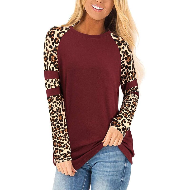 Autumn Patchwork Leopard Print T-shirts Women&#39;s Long Sleeve Top O-Neck Loose Pullover Tees Harajuku Vintage Basic Tshirt Female