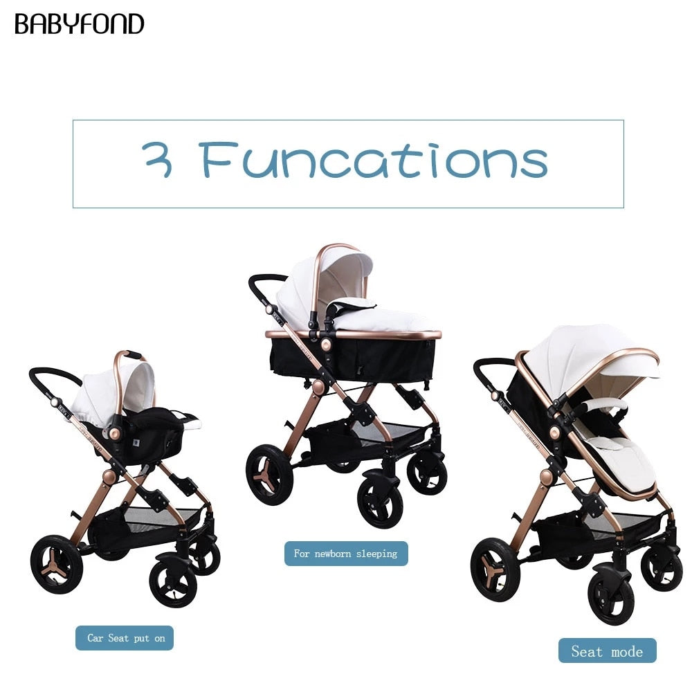 Babyfond Baby Stroller 3 in 1 High Landscape Baby Cart PU Leather Stroller With Car Seat 2 in 1 Luxury Baby Stroller CE Safety