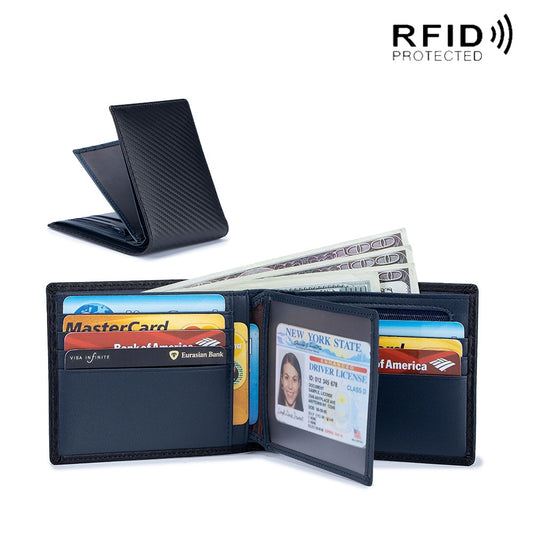 Rfid Carbon Fiber Genuine Leather Men Wallet Money Bag Slim Thin Mini Wallets For Men Card Holder Purses Short Male Walet Black