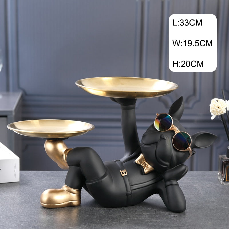 Resin Décor Dog Statue Butler with Tray for Storage Table Live Room French Bulldog Ornaments Decorative Sculpture Craft Gift