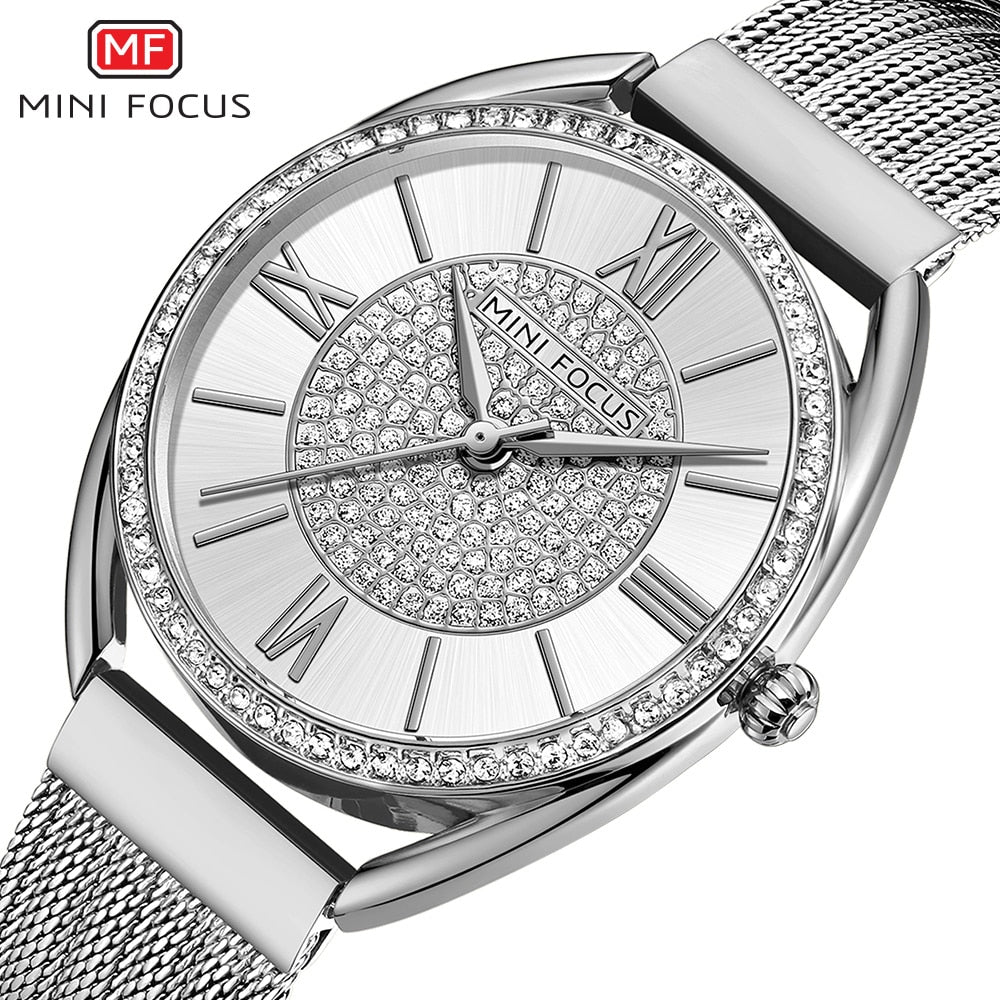 MINI FOCUS Trendy Crystal Watch for Women Business Dress Ladies Watches Top Brand Luxury Diamond Quartz  Steel Strap Wristwatch