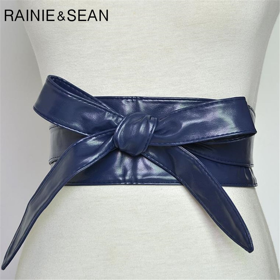 RAINIE SEAN Women Belt Leather Cummerbunds For Women Burgundy Belt For Coat Bow Self Tie Wrap Brand Ladies Fashion Belt