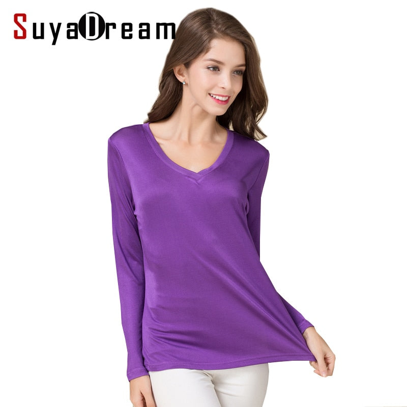 SuyaDream Women T shirt Natural silk Long Sleeves V Neck Solid Basic Shirt Pink Blue Purple Bottoming Top